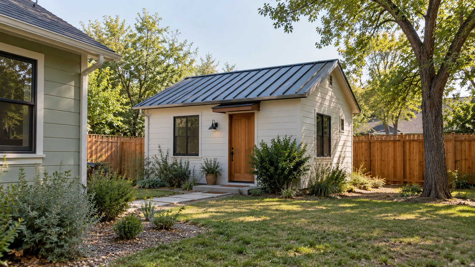 Fictional Austin backyard cottage with cream siding, a wood door and a metal roof beside the main home.