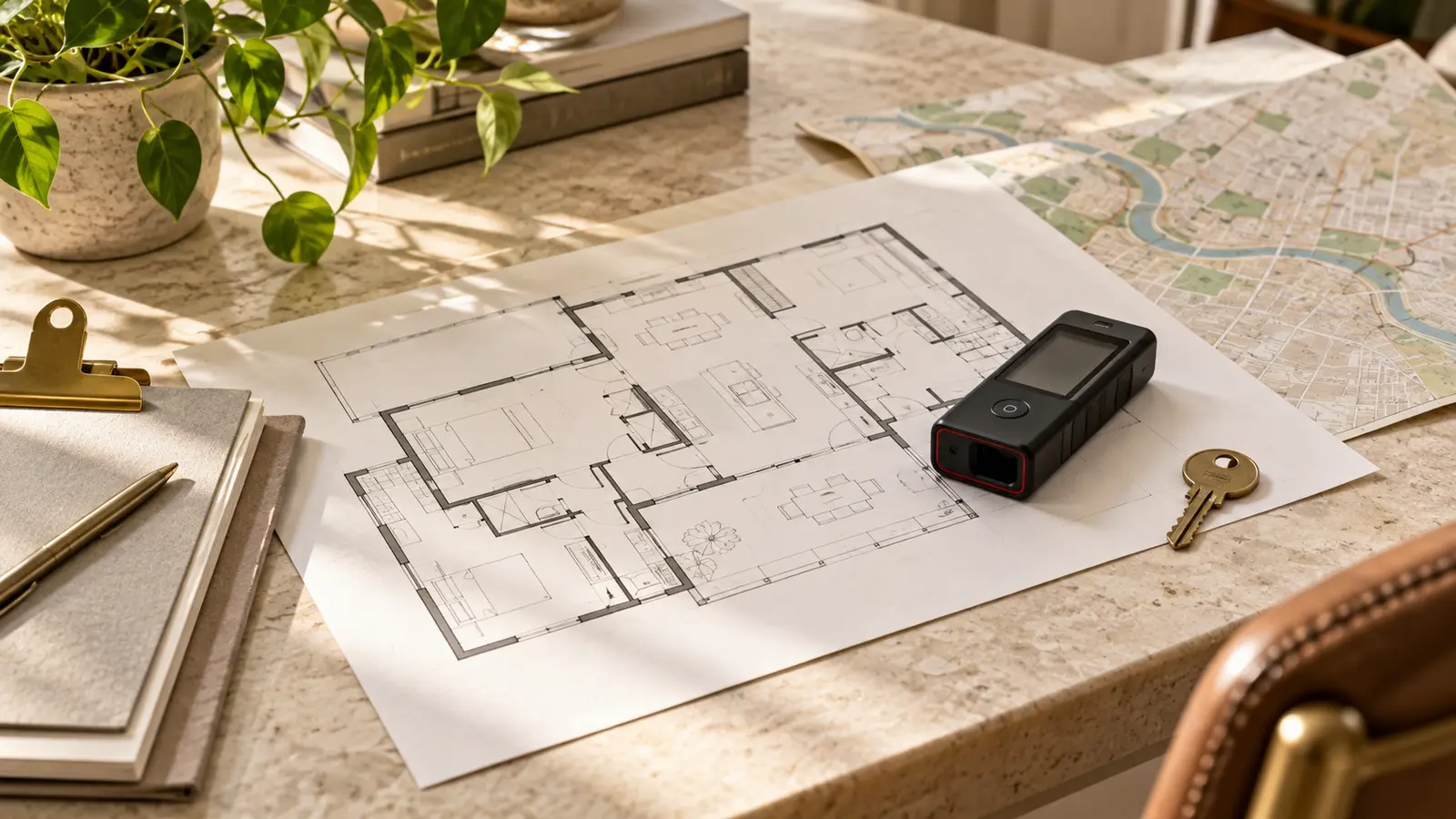 House floor plan, laser measuring tool, brass key and Austin map on a sunlit cream desk.