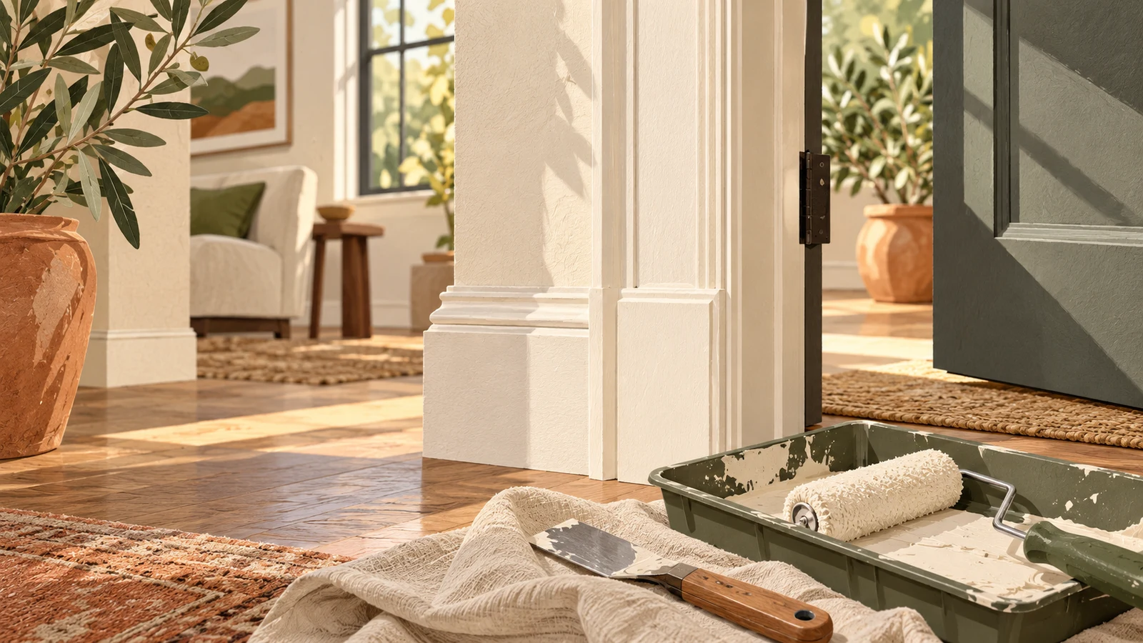 Editorial illustration of freshly finished cream door trim, an olive paint tray, roller and small repair tools in a sunlit entryway.