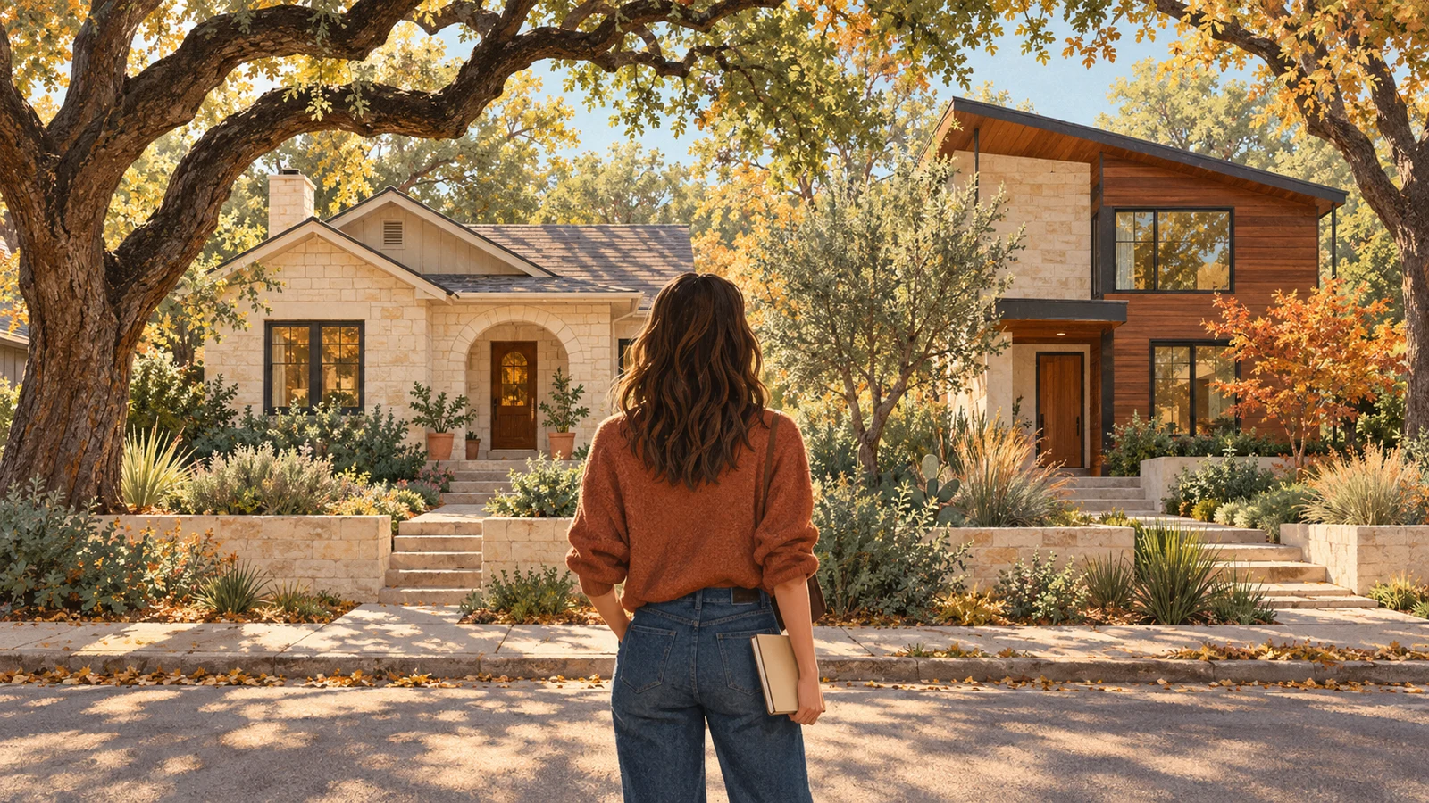 Editorial illustration of a prospective buyer looking toward two fictional limestone and wood-accented homes beneath a leafy tree canopy.