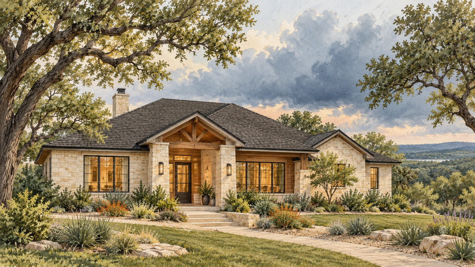 Editorial illustration of an imaginary limestone and cedar home beneath live oak trees, with a clearly visible roof and storm clouds in the distance.
