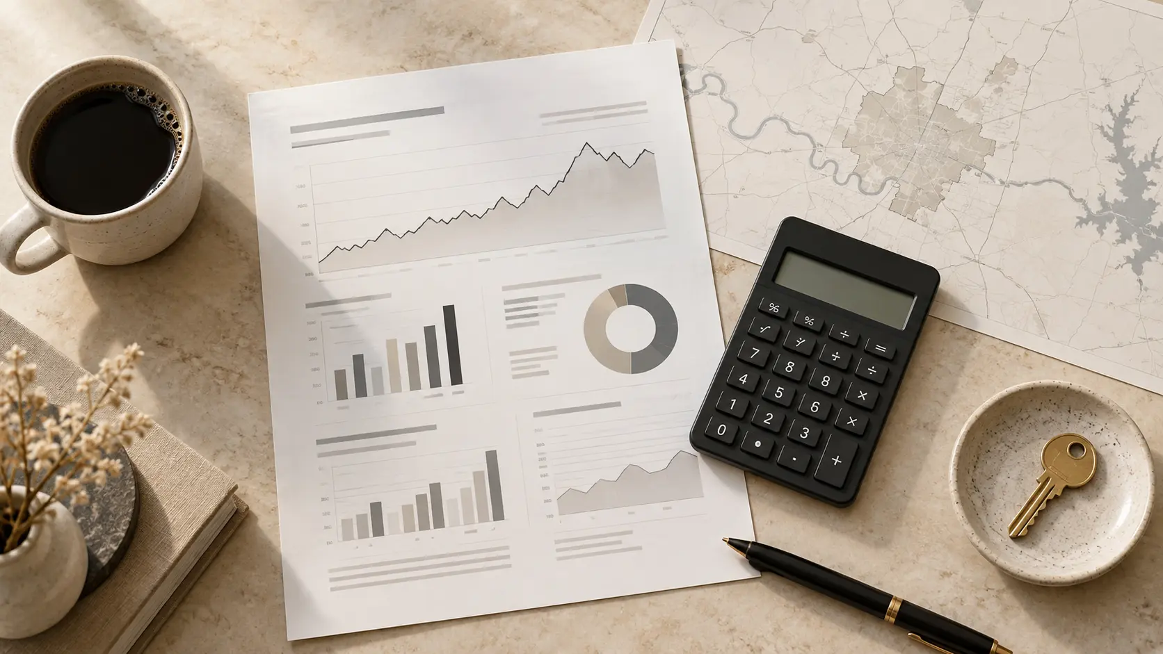 Printed housing market charts, a calculator, a city map and a house key arranged on a warm cream desk.