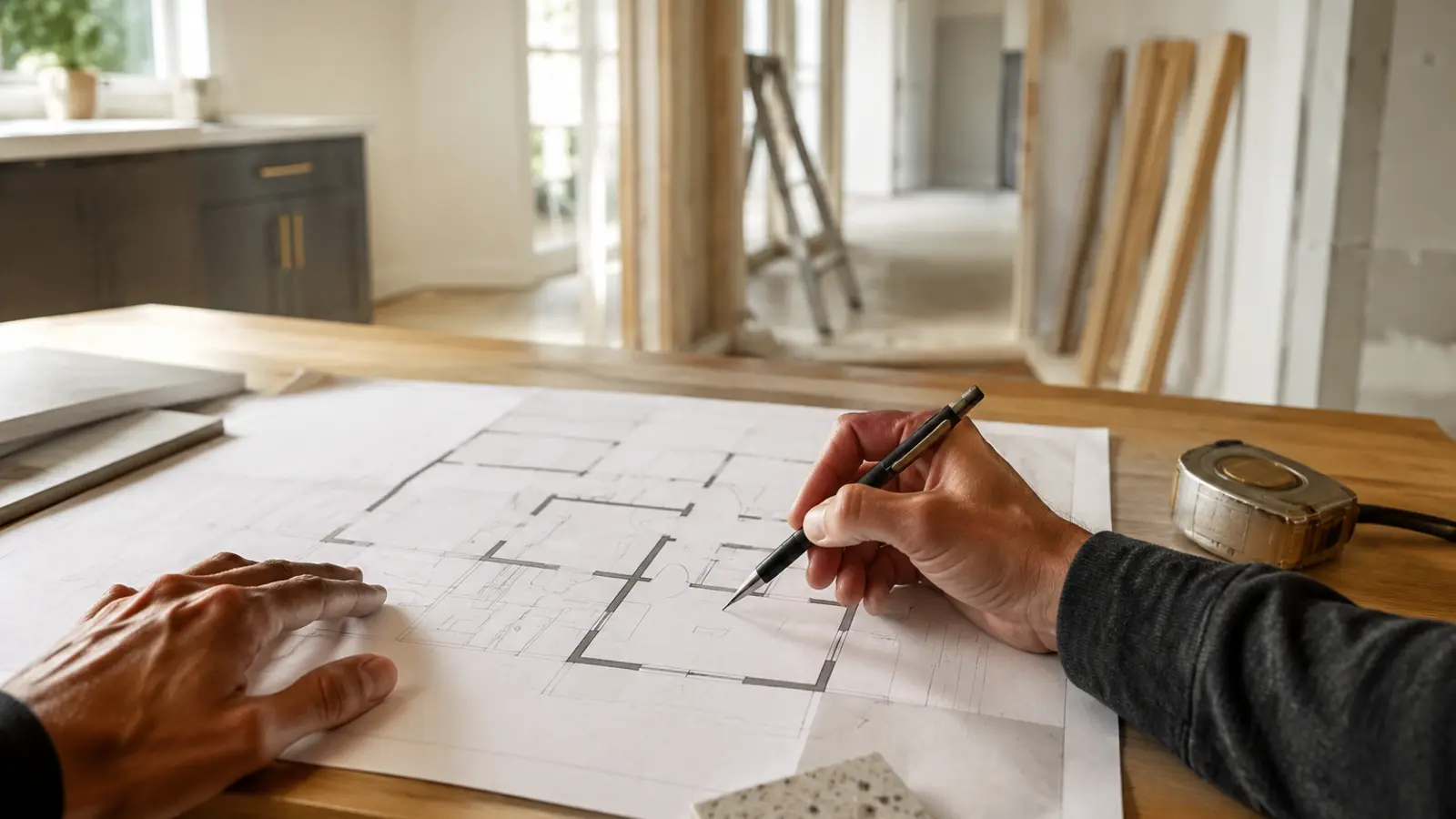 Residential floor plans being reviewed inside a home under renovation