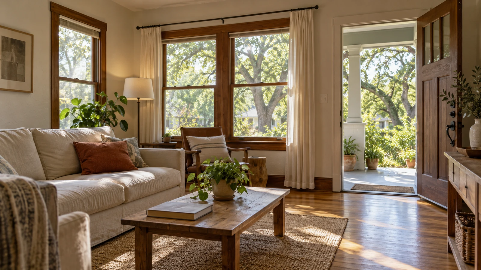 Conceptual South Austin bungalow living room with wood-trimmed windows, a linen sofa and an open door to a shaded porch.