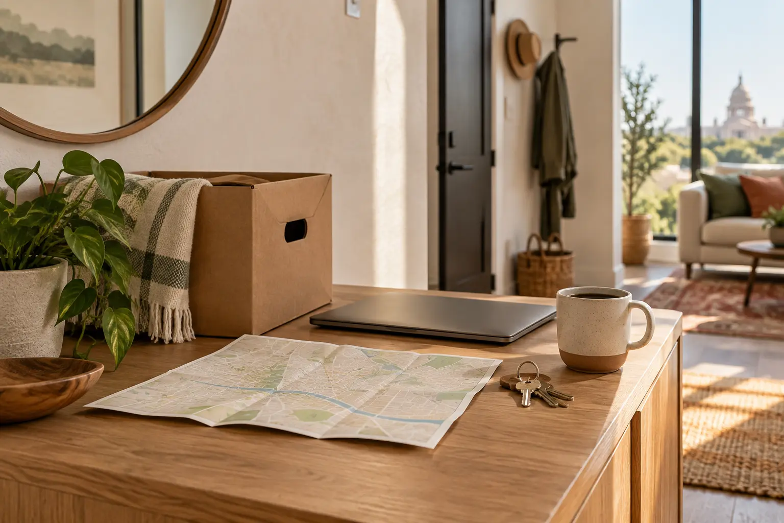 Moving box, Austin map, laptop, coffee and house keys arranged in a warm home entryway