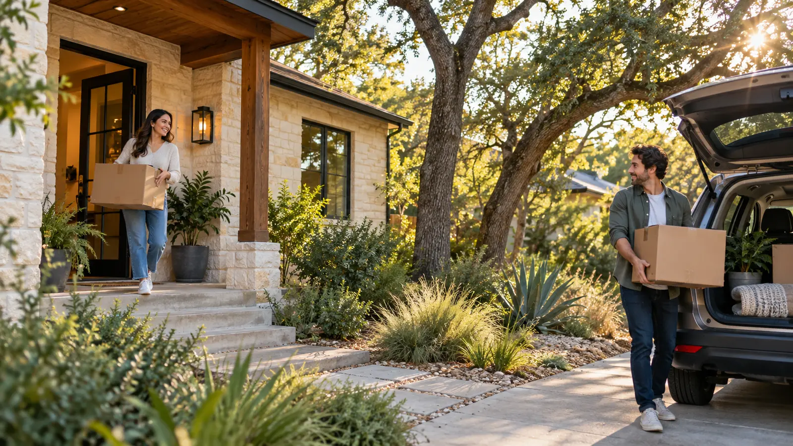 Austin homeowners carrying moving boxes between a limestone bungalow and an open vehicle beneath mature live oak trees.
