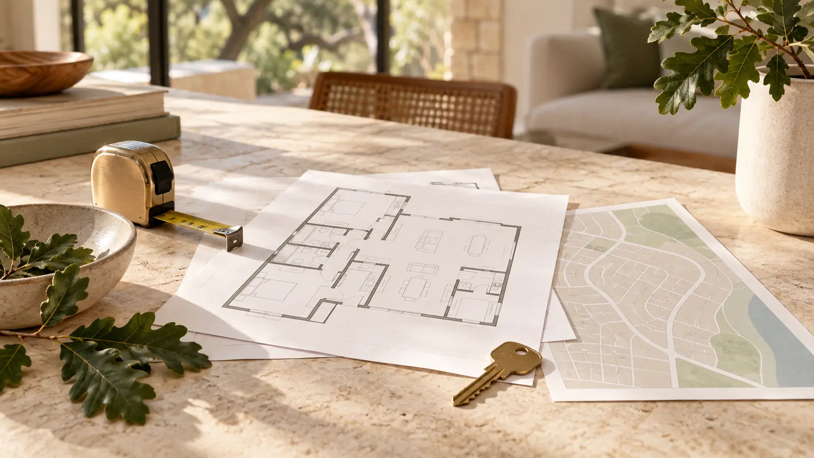 House plans, a key, measuring tape and map on a sunlit table for a Zilker Austin home-buying checklist.